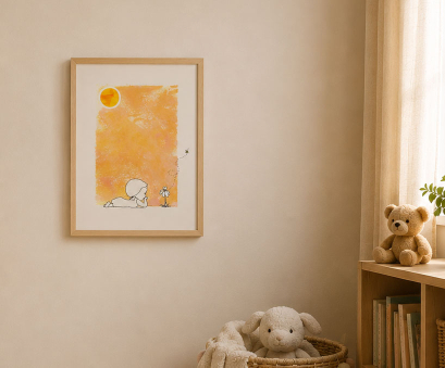 A framed Little Puff print above a shelf with a teddy bear
