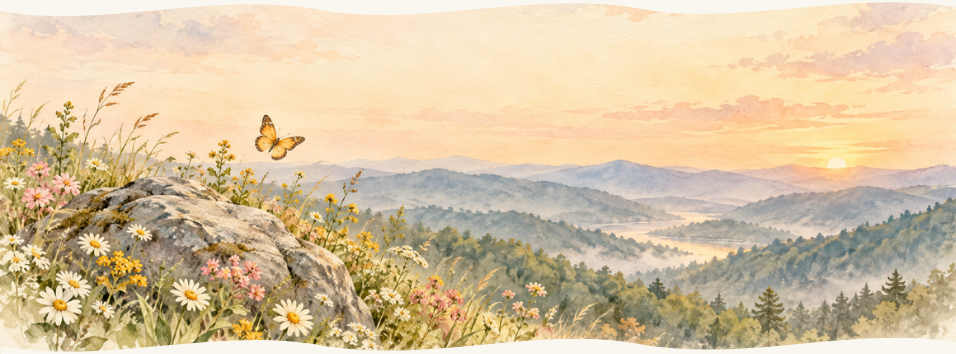 Wildflowers and a butterfly above misty hills