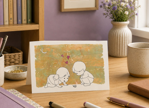 A Little Puff greeting card on a desk