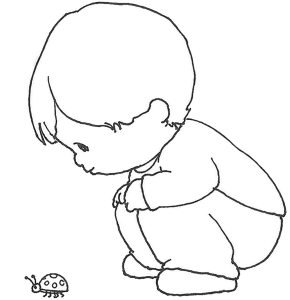 Little Puff crouching to look at a ladybug