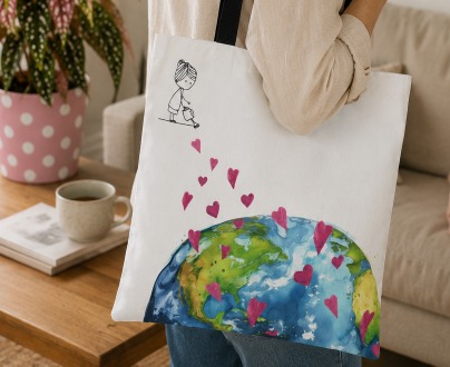 A Little Puff tote bag with hearts and a painted globe
